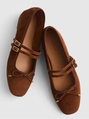 Madewell The Greta Brown Suede Double-Strap Mary Jane Flats with Bow
